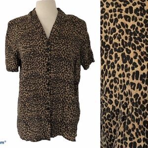 Vintage Animal Print Silk Shirt Top Brown Career